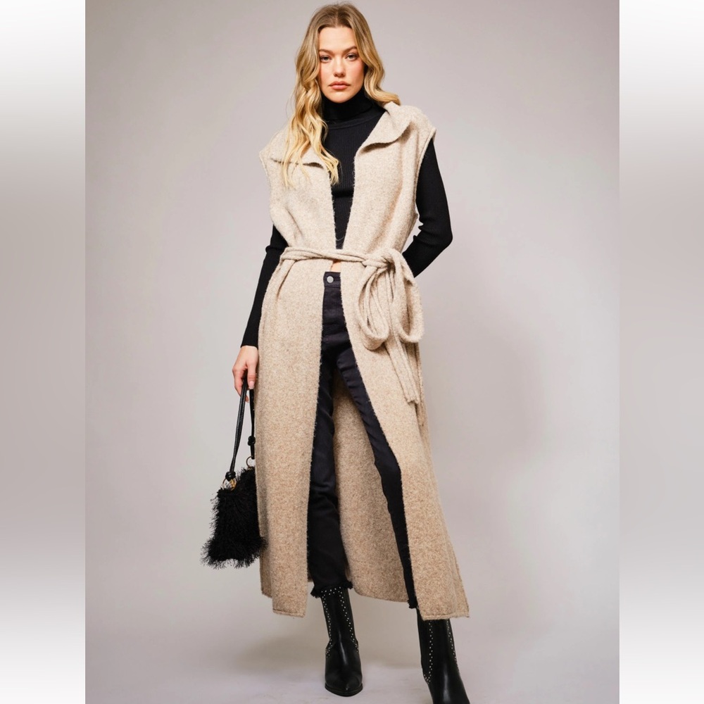 🆕 BLUE B Boutique Wool Belted Maxi Vest- Beige Stylish Sleeveless Long Vest